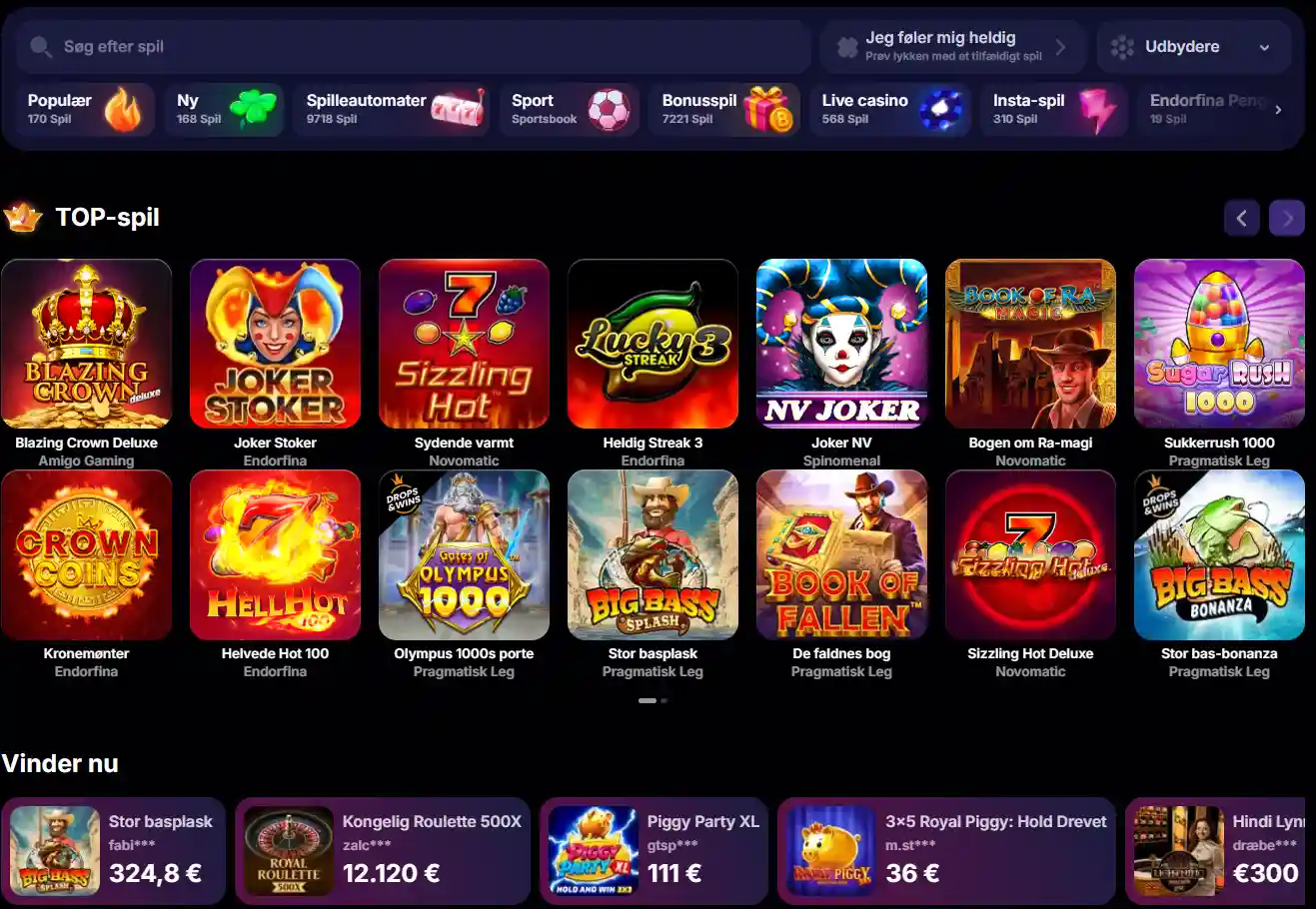 Visning af NV Casinos spillobby med kategorier, søgning og spilnavigation