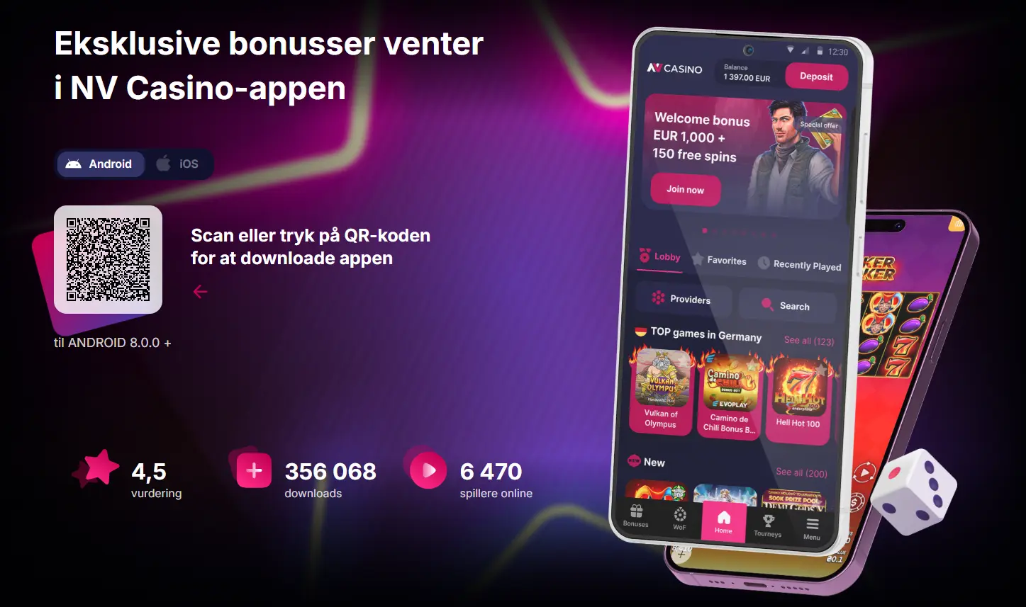 Visning af NV Casinos officielle mobilside med Android-installationsvejledning og mobilnavigation