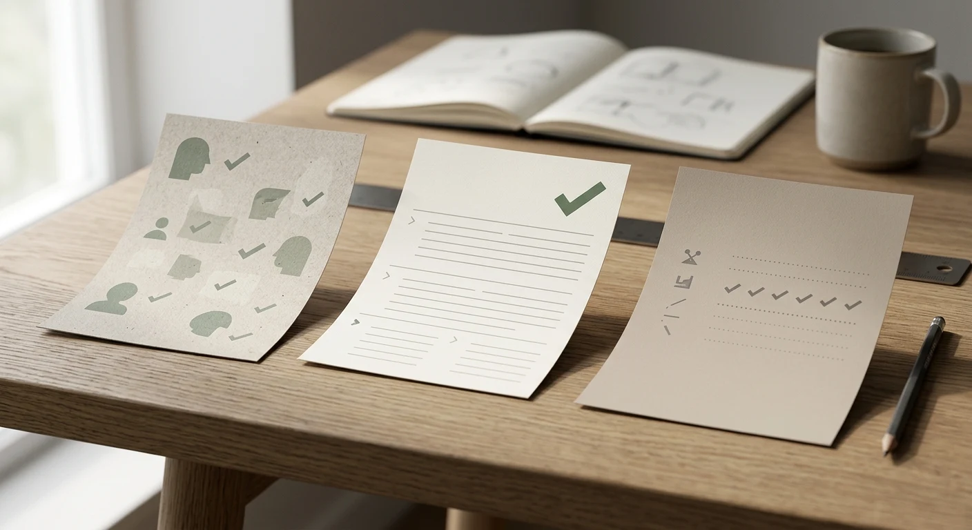 Neutral illustration af brugerkommentarer, officielle vilkår og konkrete fakta som tre separate informationslag