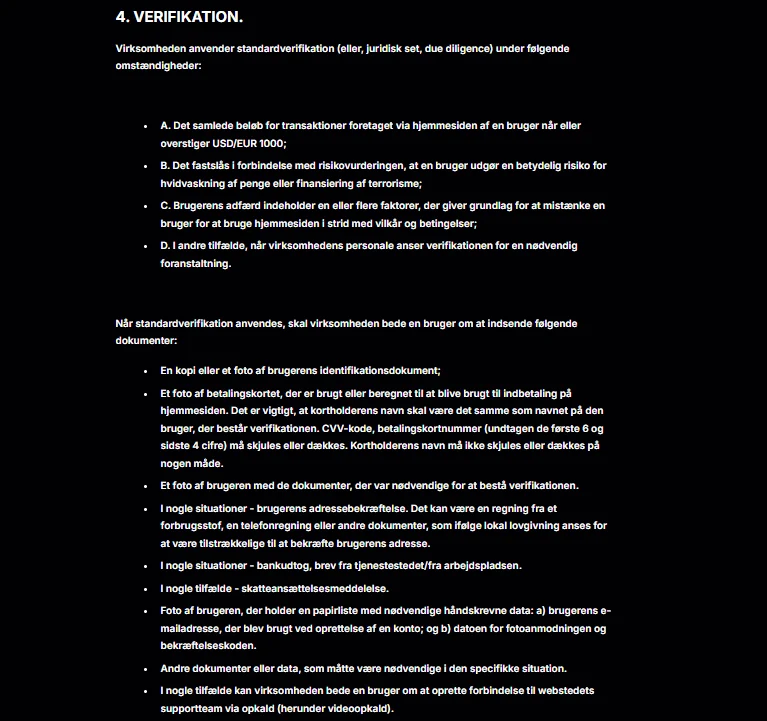 Visning af NV Casinos officielle KYC-politik med standardverifikation og dokumentkrav