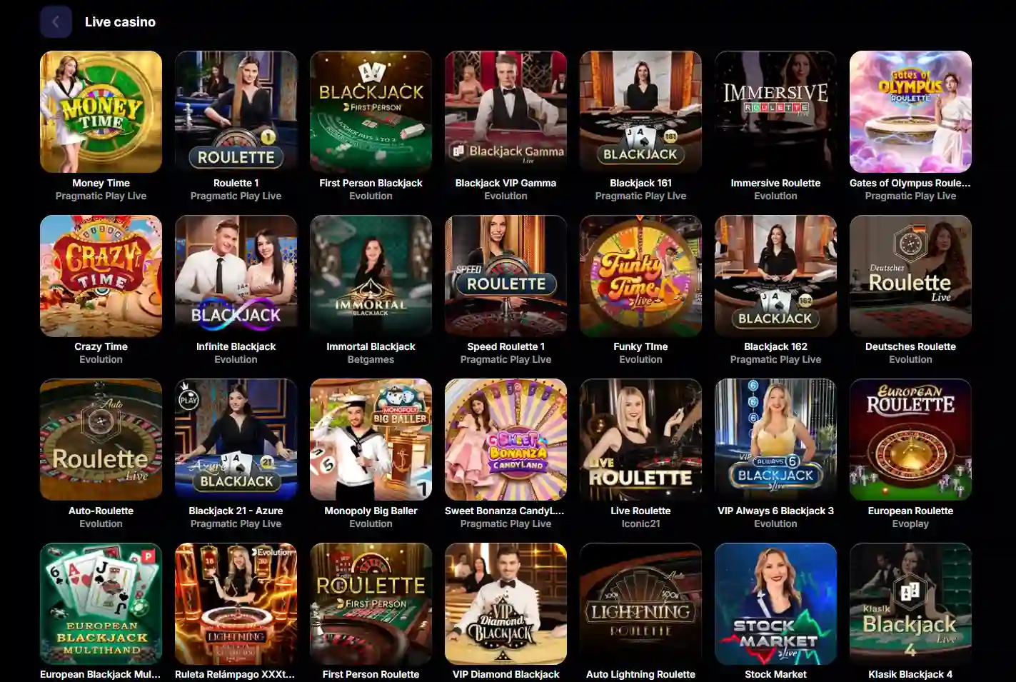 Visning af NV Casinos livecasinooversigt med spilfliser og live-kategorier