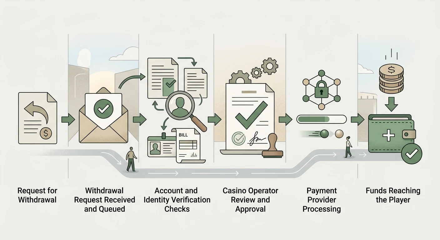 Illustration af NV Casinos udbetalingsforløb fra anmodning og KYC til godkendelse og betalingsudbyder
