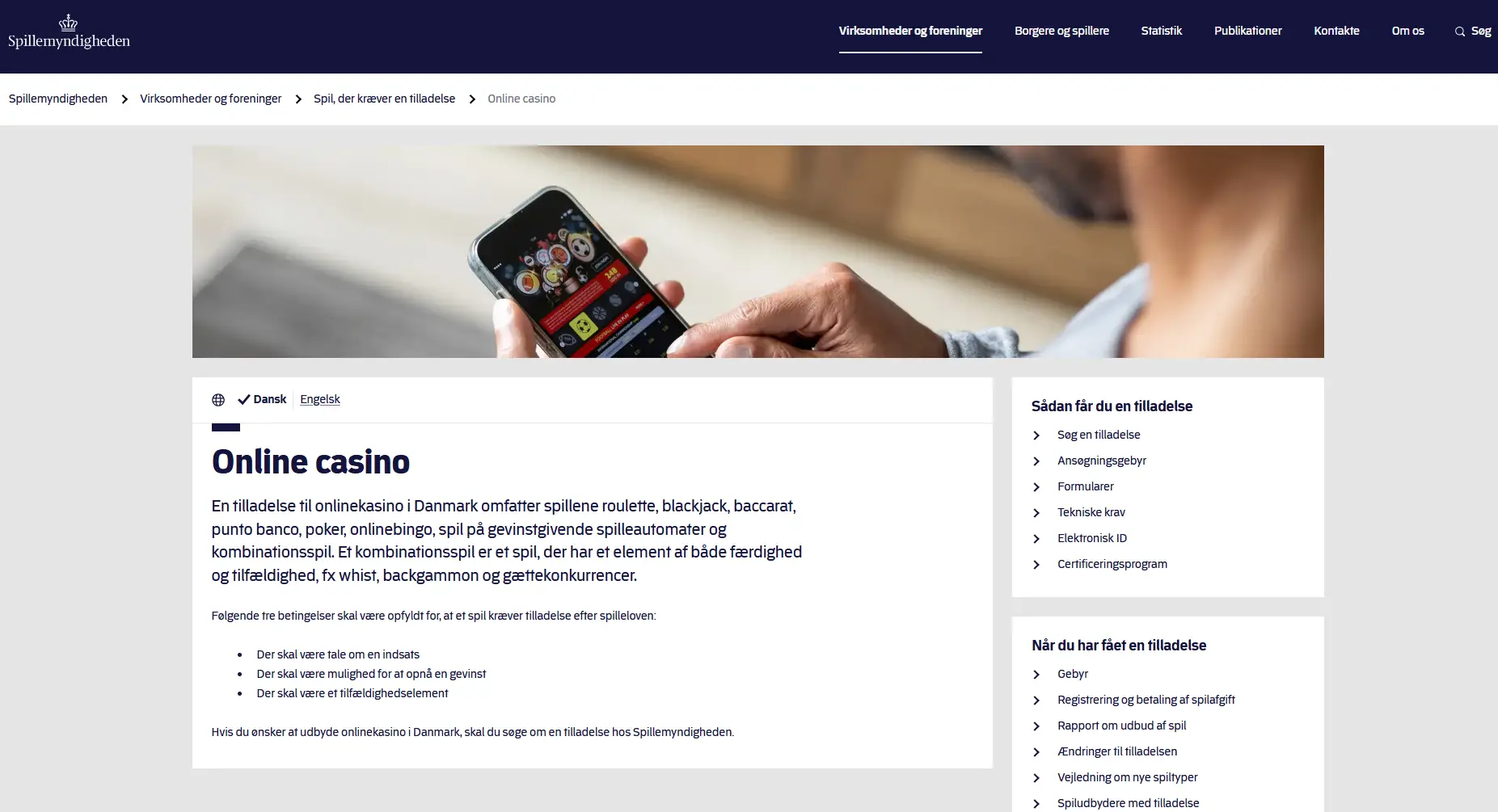 Spillemyndighedens officielle side om krav om tilladelse til onlinekasino i Danmark